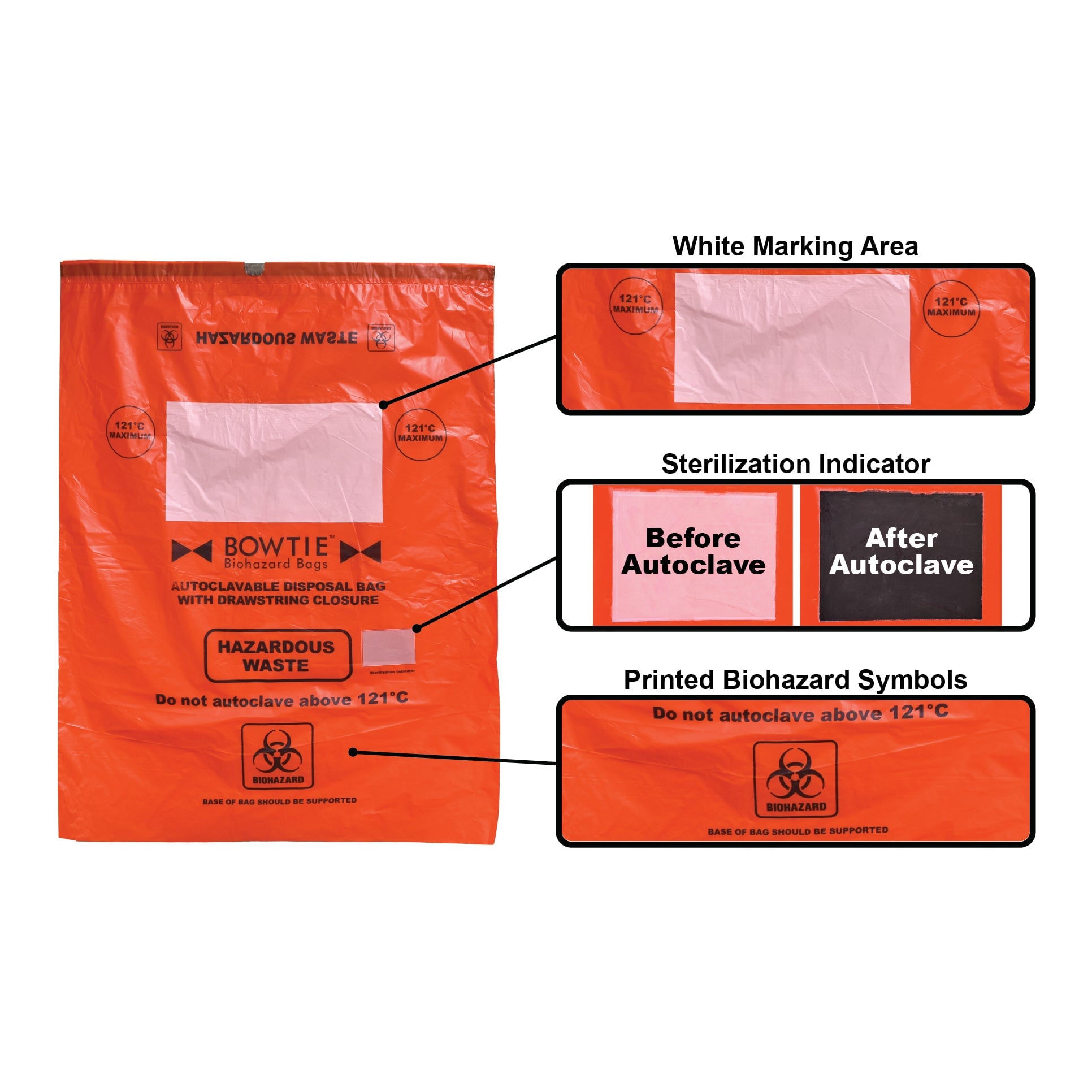 MTC Bio A8003R BowTie™ Biohazard bags, with drawstring, HDPE, 113 liters, 33 × 41in., 100/pk