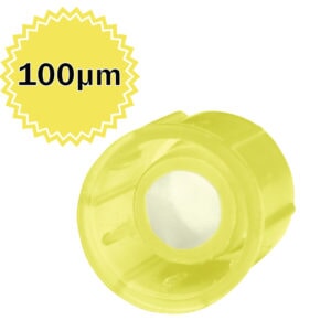 MTC Bio T9009-100 Strainer Cap for 12x75mm FlowTubes™ FACS tubes and culture tubes, with 100µm strainer mesh, transluscent yellow, sterile, 20 bags of 25 caps